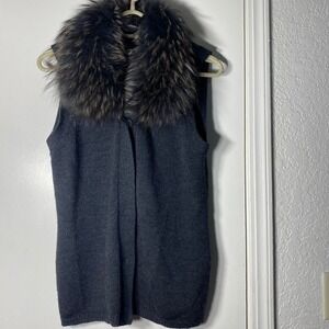 Diane von Furstenberg DVF Gray Wool Knit Vest Genuine Raccoon Fur Collar Size M